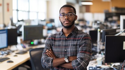 Obraz premium A confident young African American male stands in an office environment, showcasing professionalism and style while embodying a modern workplace atmosphere.