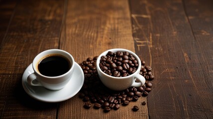 Steaming Cups of Coffee with Roasted Beans on Rustic Wooden Background