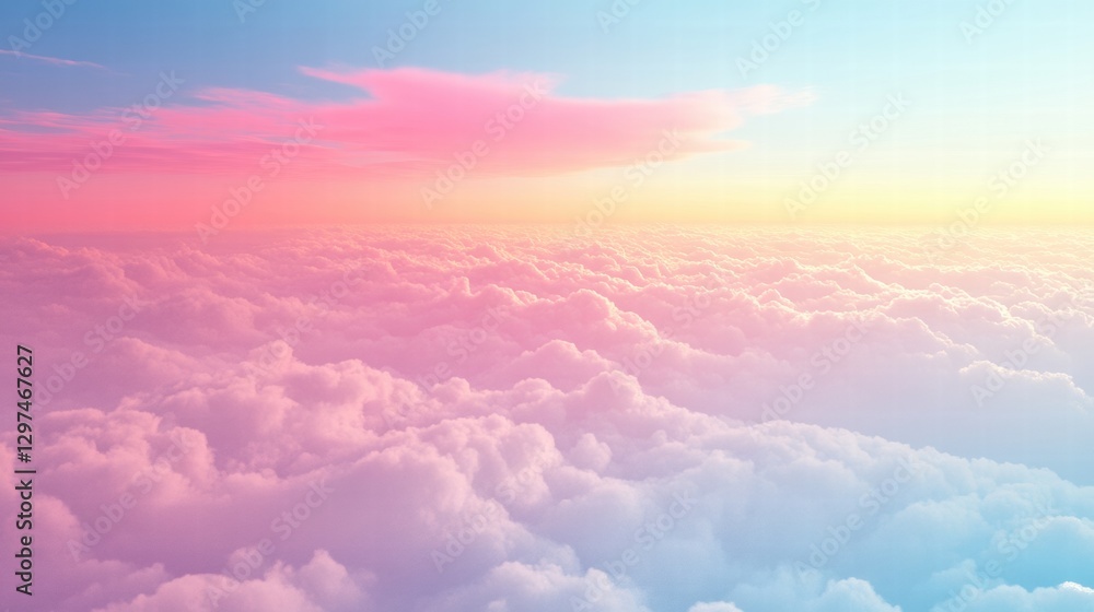 Poster Soft pastel clouds fill the sky at dawn creating a serene and peaceful atmosphere above the horizon. Generative AI