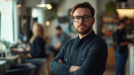 Fototapeta premium A stylish male hairdresser poses confidently in a modern salon. With a trendy look and eyewear, he reflects a contemporary atmosphere geared towards beauty and creativity.