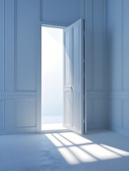 minimalist white room with an open door allowing bright sunlight to stream in, casting long shadows on the floor, creating a serene, inviting, and mysterious atmosphere

