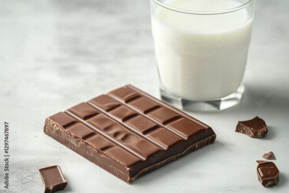 Poster delicious chocolate bar with glass of milk placed on a grey background for a tempting treat experien