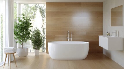 Fototapeta premium Modern white freestanding bathtub stands in a bright minimalist bathroom with wooden wall paneling and green potted plants by a large window.
