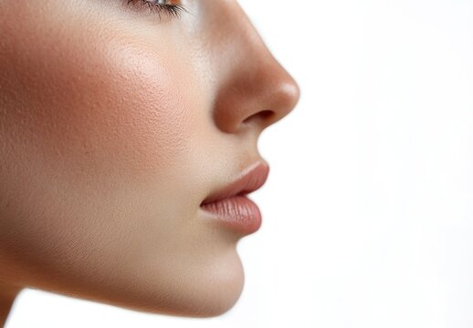 side face with closed mouth and straight nose on a white background. The woman's head is turned slightly to the right so that her left cheek can be seen