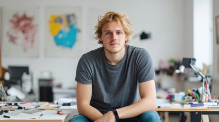 A young European man sits in a bright, modern workspace, exuding a relaxed yet thoughtful vibe. His curly hair frames his face as he gazes into the distance, embodying creativity and individuality.