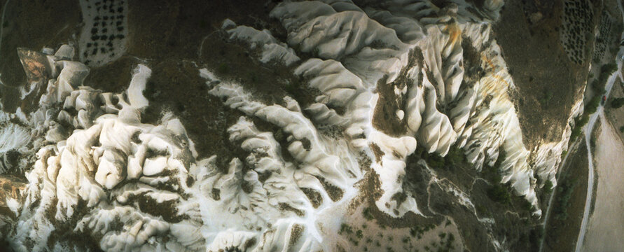 Panoramic aerial view of rock formations, Cappadocia, Central Anatolia Region, Turkey.