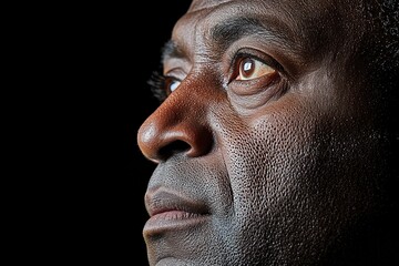 Close up side profile of older black man in dramatic lighting emphasizing facial texture deep wrinkles and powerful emotional expression in moody portrait