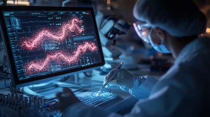 Researcher analyzing data on computer screen in laboratory environment during nighttime hours