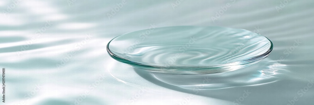 Poster clear glass plate resting on smooth water surface creating gentle ripples around it under soft light