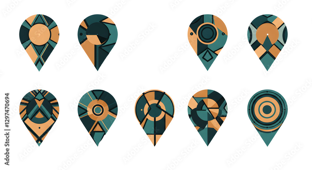 Poster colorful geometric shapes collection featuring unique modern pin design elements displayed art map
