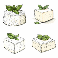 Fresh ricotta cheese with basil leaves in various styles