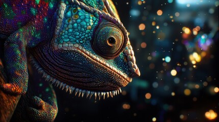 Fototapeta premium Colorful chameleon perched on a branch in a vibrant, sparkling environment at night