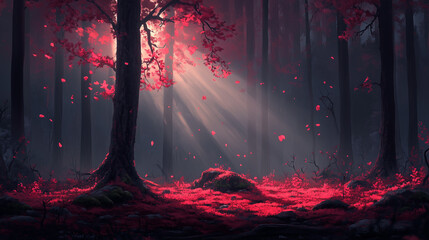 Enchanted forest bathed in red light and flowing leaves during twilight hours