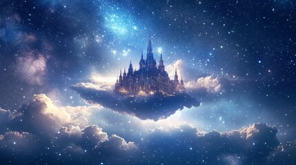 Celestial Fortress: A majestic castle floats serenely in the night sky, atop a fluffy cloud illuminated by starlight, a beacon of fantasy and wonder.
