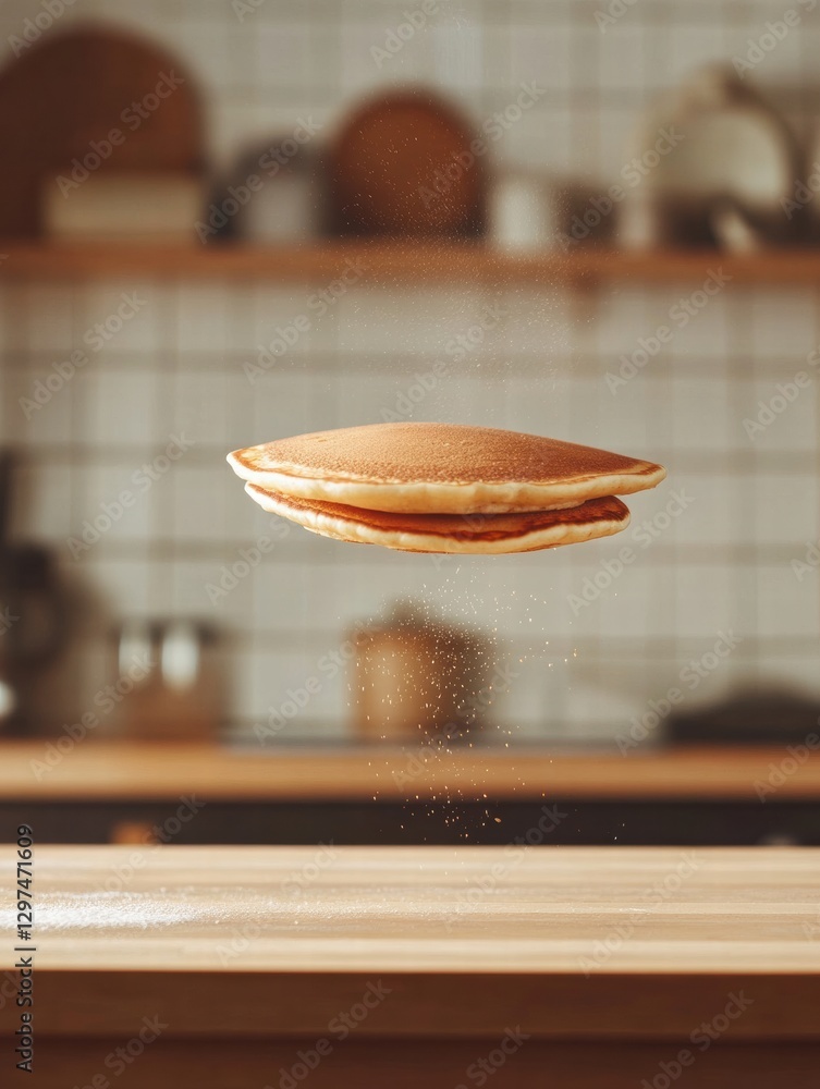Aufkleber pancakes floating above a wooden kitchen counter with blurred background of kitchenware. generative 