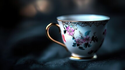 Elegant porcelain teacup adorned with floral patterns against a softly blurred dark background