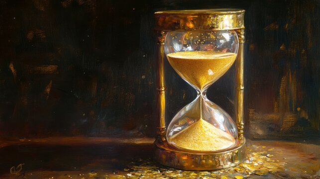 Timeless Measurement: Captivating close-up of a classic hourglass with golden frame, as time gracefully slips away, symbolizing the relentless passage of moments, life's preciousness and urgency