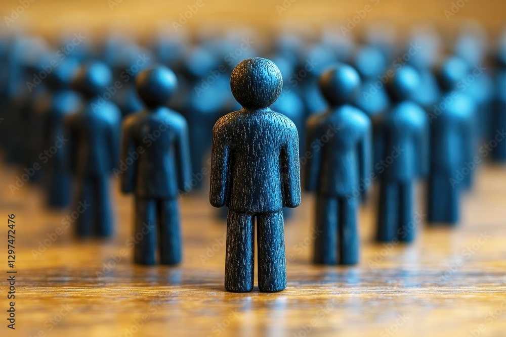 Poster group of wooden figurines representing diversity and unity in a professional setting with one unique