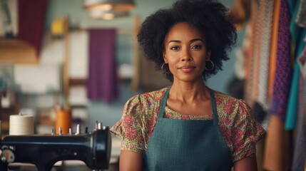 A confident middle-aged African American woman stands in her sewing studio, showcasing her skills and creativity. The vibrant atmosphere reflects her passion for fashion and craftsmanship.