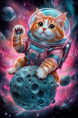 Illustration of a cute orange cat wearing a pink futuristic astronaut suit.