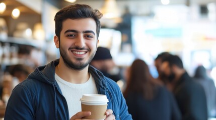 A lively portrait of a young Middle Eastern man enjoying coffee in casual attire. His cheerful demeanor reflects a friendly atmosphere in a caf? setting.