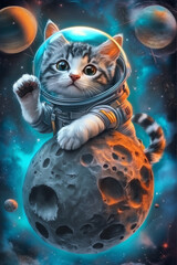 Illustration of a cute grey cat wearing a futuristic astronaut suit.