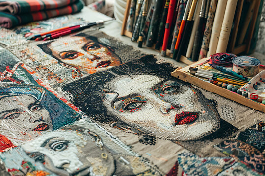 empowering womens art workshop, a detailed tapestry of influential women, art supplies scattered for a workshop, and a buzz of voices unite on world womens day