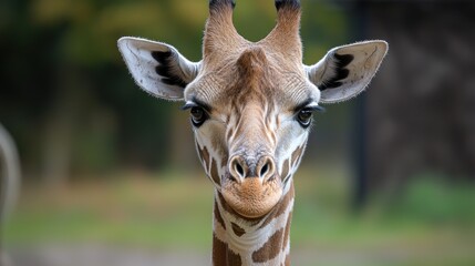 Obraz premium Close-up of a Giraffe's Face in a Natural Habitat with Blurred Background Elements