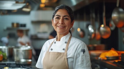 Fototapeta premium A middle-aged Hispanic woman confidently poses in a busy kitchen. Dressed in a chef's uniform, she brings warmth and expertise to the culinary world.