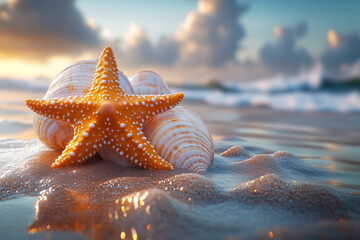 Seashells and Starfish on Wet Sand
