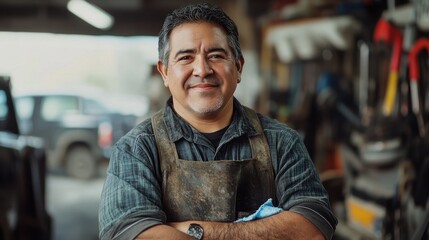 A middle-aged Hispanic male mechanic smiles confidently within his workshop. Wearing work attire and surrounded by tools, he showcases a blend of professionalism and warmth.
