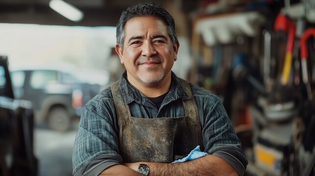 A middle-aged Hispanic male mechanic smiles confidently within his workshop. Wearing work attire and surrounded by tools, he showcases a blend of professionalism and warmth.
