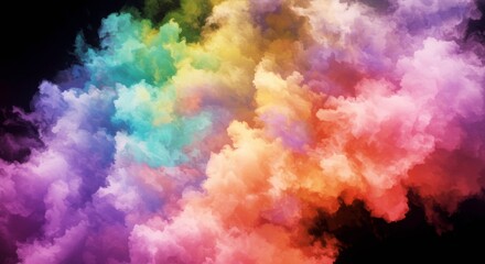Chromatic Cloudscape: A vivid and dreamy display of multicolored smoke, swirling and blending together in a kaleidoscope of vibrant hues, against a dark background creating a mesmerizing spectacle.