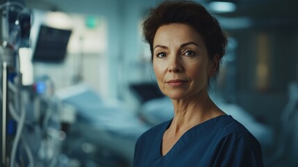 A middle-aged woman dressed in casual attire stands in a medical facility. She displays a confident expression amidst clinical surroundings, symbolizing care.