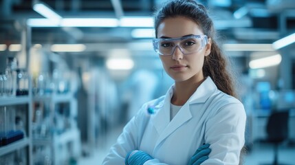 Fototapeta premium Portrait of a young European female scientist standing in a laboratory. She embodies confidence and professionalism, equipped with safety glasses and lab attire.