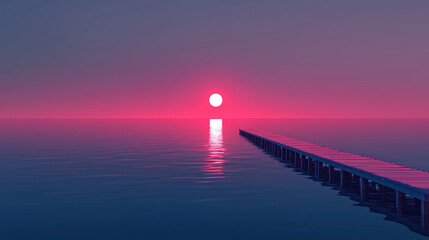 Obraz premium Stunning sunset view over tranquil water with a wooden pier extending into the horizon