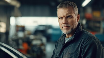 Fototapeta premium A middle-aged mechanic stands confidently in a workshop, showcasing his expertise and dedication to automotive repair. His serious expression reflects commitment to his craft.