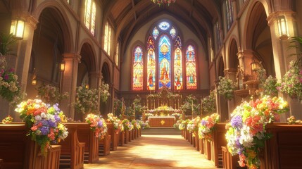 Naklejka premium A panoramic shot of a grand church with tall wooden pews, Easter flowers adorning the altar, and soft light streaming through stained-glass windows.
