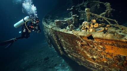 Underwater Exploration: A scuba diver explores a haunting shipwreck, capturing the beauty and mystery of the deep ocean and its secrets.