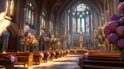 Fototapeta premium A panoramic shot of a grand church with tall wooden pews, Easter flowers adorning the altar, and soft light streaming through stained-glass windows.