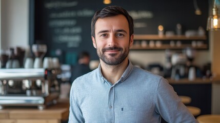 Obraz premium A stylish European man poses in a modern cafe, radiating warmth and happiness. With a casual yet fashionable look, he embodies a relaxed lifestyle and social engagement.
