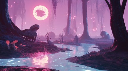 Fototapeta premium Mystical Forest at Dusk: A serene river winds through an enchanting forest bathed in a dreamlike, magical purple and pink glow, with a radiant full moon casting a soft light.