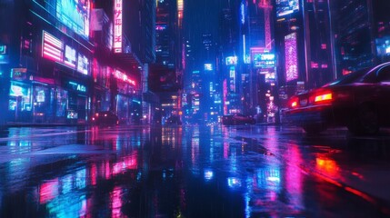 Fototapeta premium Neon Nightscape: The mesmerizing glow of neon signs illuminates the bustling streets of a modern cityscape at night, casting vibrant reflections on the wet pavement.