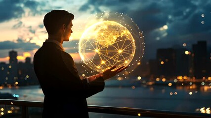Businessman holding a glowing globe with digital connections at sunset over a cityscape - Powered by Adobe