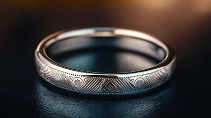 Close-up of an intricately designed silver ring reflecting light on a dark surface