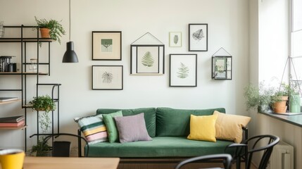 Cozy Living Room with Green Sofa and Botanical Wall Art Decor
