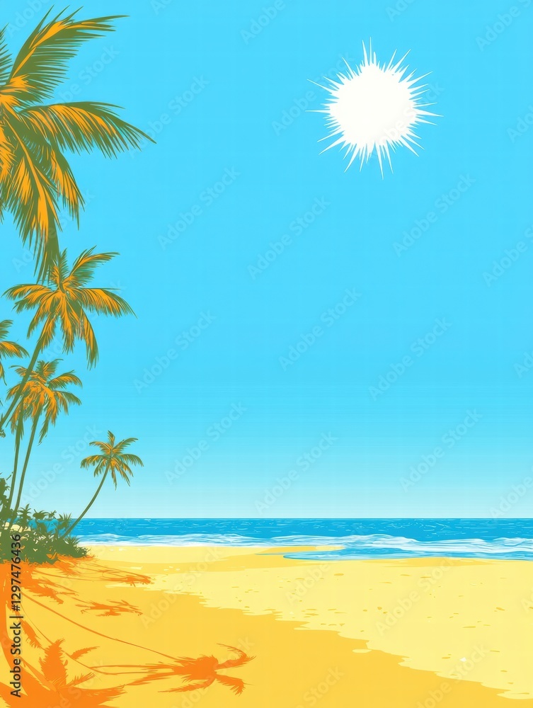 Poster bright sun shining over a serene beach surrounded by palm trees and gentle ocean waves at midday. ge