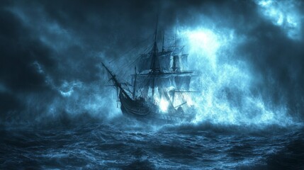 Obraz premium Whispers of the Tempest: A ghostly tall ship battling a raging storm, illuminated by a flash of ethereal lightning. An evocative scene of peril and the raw power of the sea