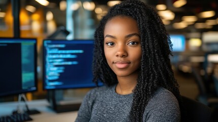 A young Black woman sits confidently in a tech workspace, focused on her screen with coding visible. She embodies professionalism and innovation in software development.