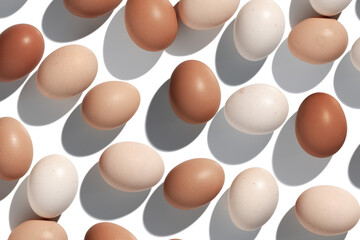Pattern of Brown and White Eggs with shadows, minimal style aesthetic holiday background, isolated natural organic chicken eggs, breakfast ingredients,  minimalist food composition, neutral color